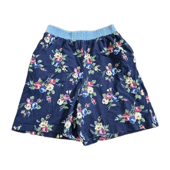 Vintage Floral Pull On Shorts Women M Denim Trim Lounge Pockets Cottage Boho 90s - Picture 1 of 10